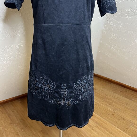 Zara Mini Dress Womens Small Black Micro Suede Cutout Floral Embroidery - Picture 4 of 8